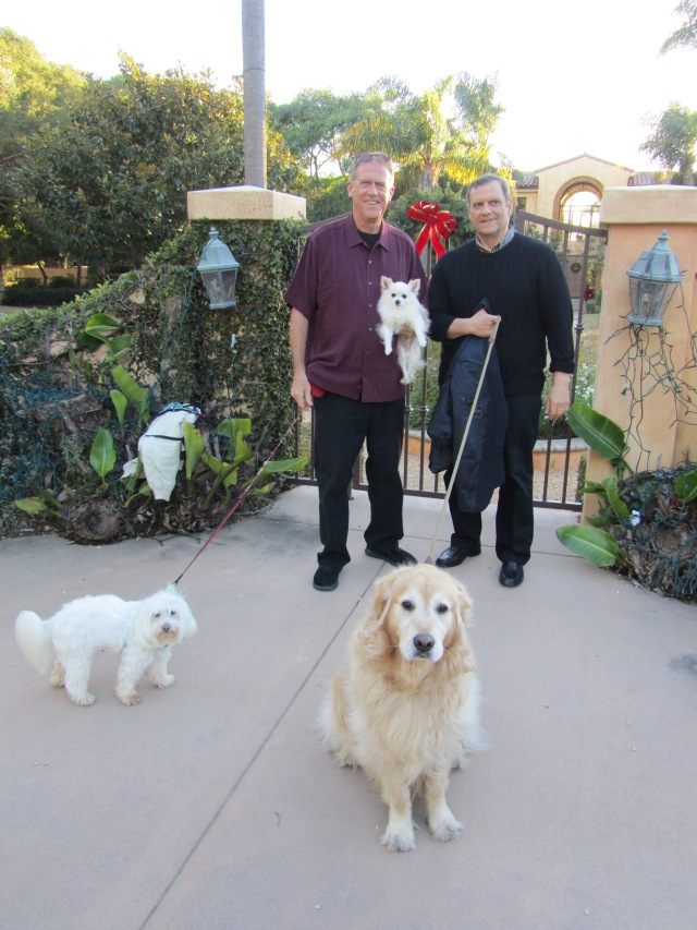 The dogs were convinced Al came to visit them, so he was forced to take them for a walk.