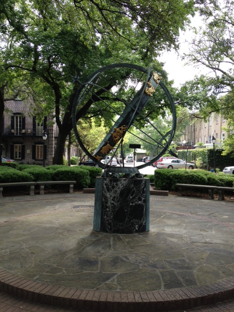 Many of the squares have memorials or features in the center, like this armillary sphere in Troup Square (polloplayer photo)
